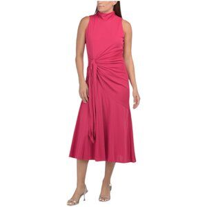 ANNE KLEIN Mock Neck Midi Dress With Ruched Tie Detail